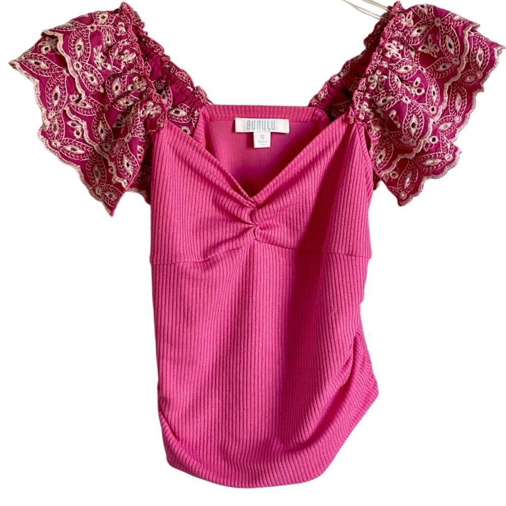 Bunulu Pink Ribbed Textured Top with Detailed Short Sleeves Women's Small